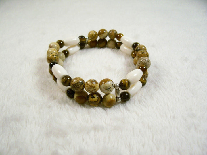 Picture Jasper and Tiger's Eye Bone Two Strand Stretch Bracelet by Chained Dolls