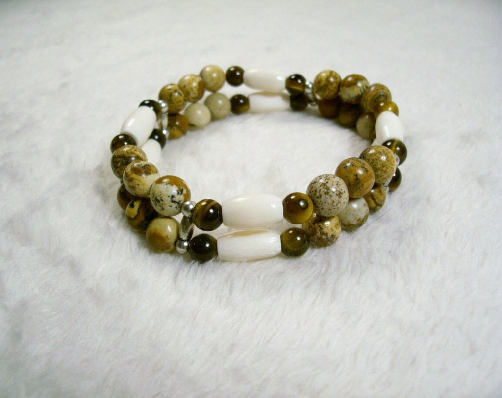 Picture Jasper and Tiger's Eye Bone Two Strand Stretch Bracelet by Chained Dolls