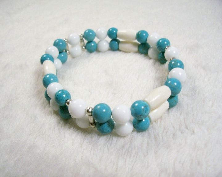 Turquoise Howlite and White Bone Two Strand Stretch Bracelet by Chained Dolls