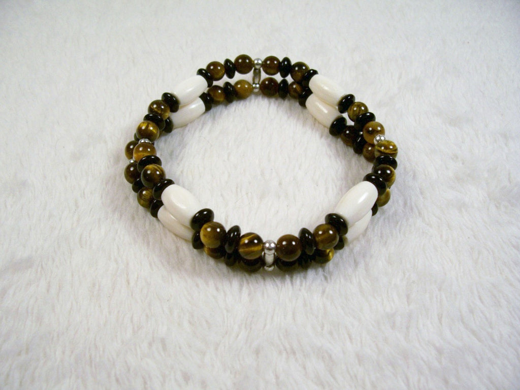 Tiger Eye and White Bone Two Strand Stretch Bracelet by Chained Dolls