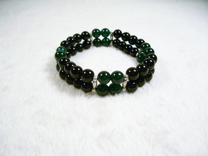 Onyx and Green Jade Two Strand Stretch Bracelet by Chained Dolls