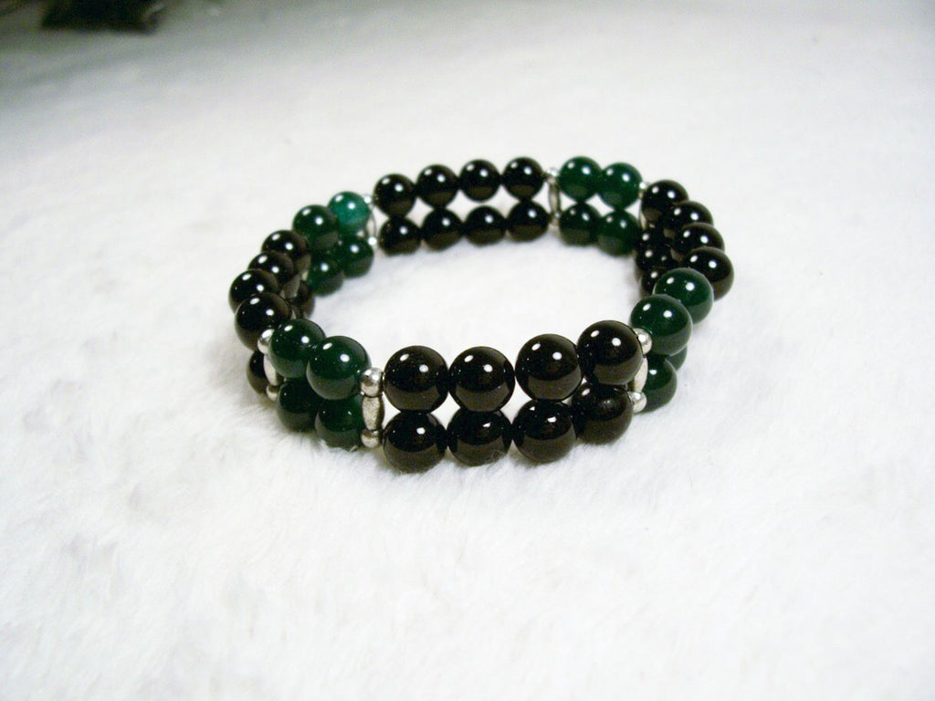 Onyx and Green Jade Two Strand Stretch Bracelet by Chained Dolls