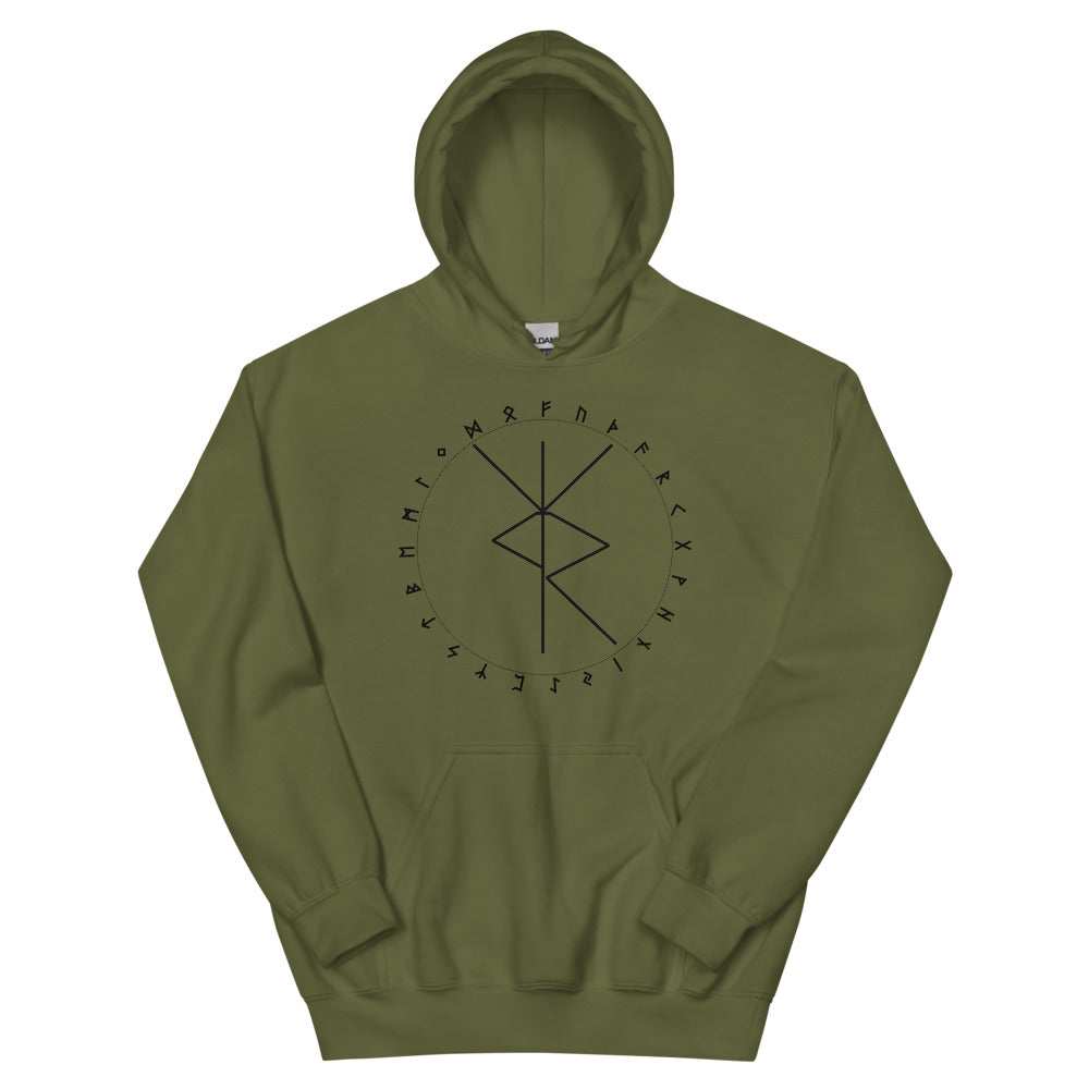 Travel Protection Bind Rune Military Green Unisex Hoodie by Chained Dolls